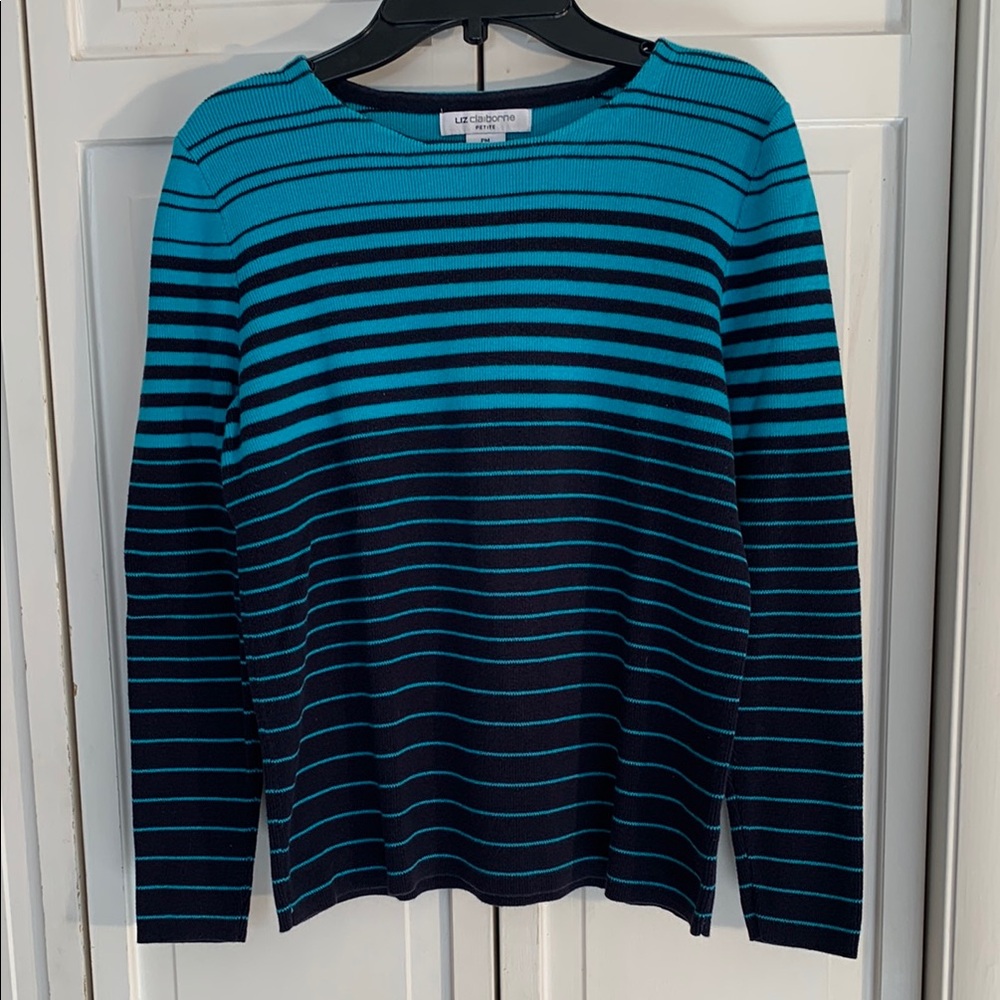 Liz Claiborne Navy Blue & Teal Striped Crew Neck Sweater EUC